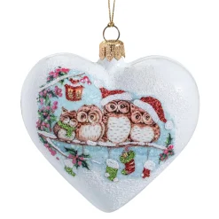 Weihnachtskugeln-Glasherz weiß matt "Eulenweihnacht", 10 cm