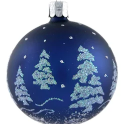 Weihnachtskugeln|Weihnachtskugeln Aus Glas-Glaskugel blau mit Glitzer Bäumen, 7 cm