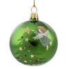 Weihnachtskugeln-Glaskugel grün glänzend mit Engel und Baum, 7 cm