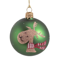 Weihnachtskugeln-Glaskugel grün matt mit Elchkopf, 7 cm