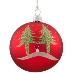 Weihnachtskugeln|Weihnachtskugeln Aus Glas-Glaskugel rot matt mit Bäumen und Pilzen, 7 cm