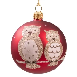Weihnachtskugeln-Glaskugel rot matt mit Eulen, 7 cm