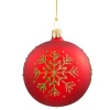 Weihnachtskugeln|Weihnachtskugeln Aus Glas-Glaskugel rot mit grüner Flocke, 7 cm