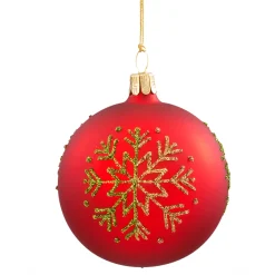 Weihnachtskugeln|Weihnachtskugeln Aus Glas-Glaskugel rot mit grüner Flocke, 7 cm