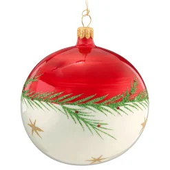 Weihnachtskugeln|Weihnachtskugeln Aus Glas-Glaskugel rot-weiß mit Zweig und Sternchen, 10 cm