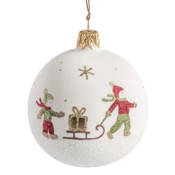 Weihnachtskugeln-Glaskugel weiß matt mit Kinder mit Schlitten, 7 cm