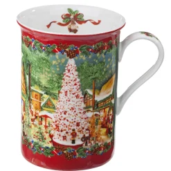 Tischdeko-Porzellan-Tasse "Weihnachtsdorf", rot