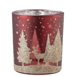 Kerzen & Teelichthalter-Teelichtglas "Hirsche im Wald" rot, 10 cm